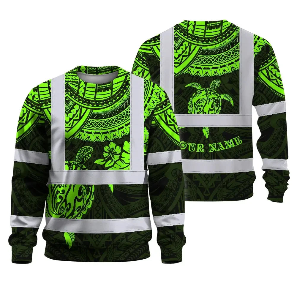 Hi Vis Long Sleeve Shirt Reflective Tapes Green Turtle Flower Hawaiian Polynesian Tribal