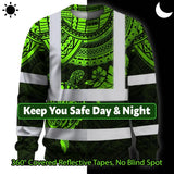 Hi Vis Long Sleeve Shirt Reflective Tapes Green Turtle Flower Hawaiian Polynesian Tribal