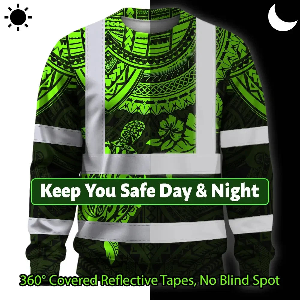 Hi Vis Long Sleeve Shirt Reflective Tapes Green Turtle Flower Hawaiian Polynesian Tribal