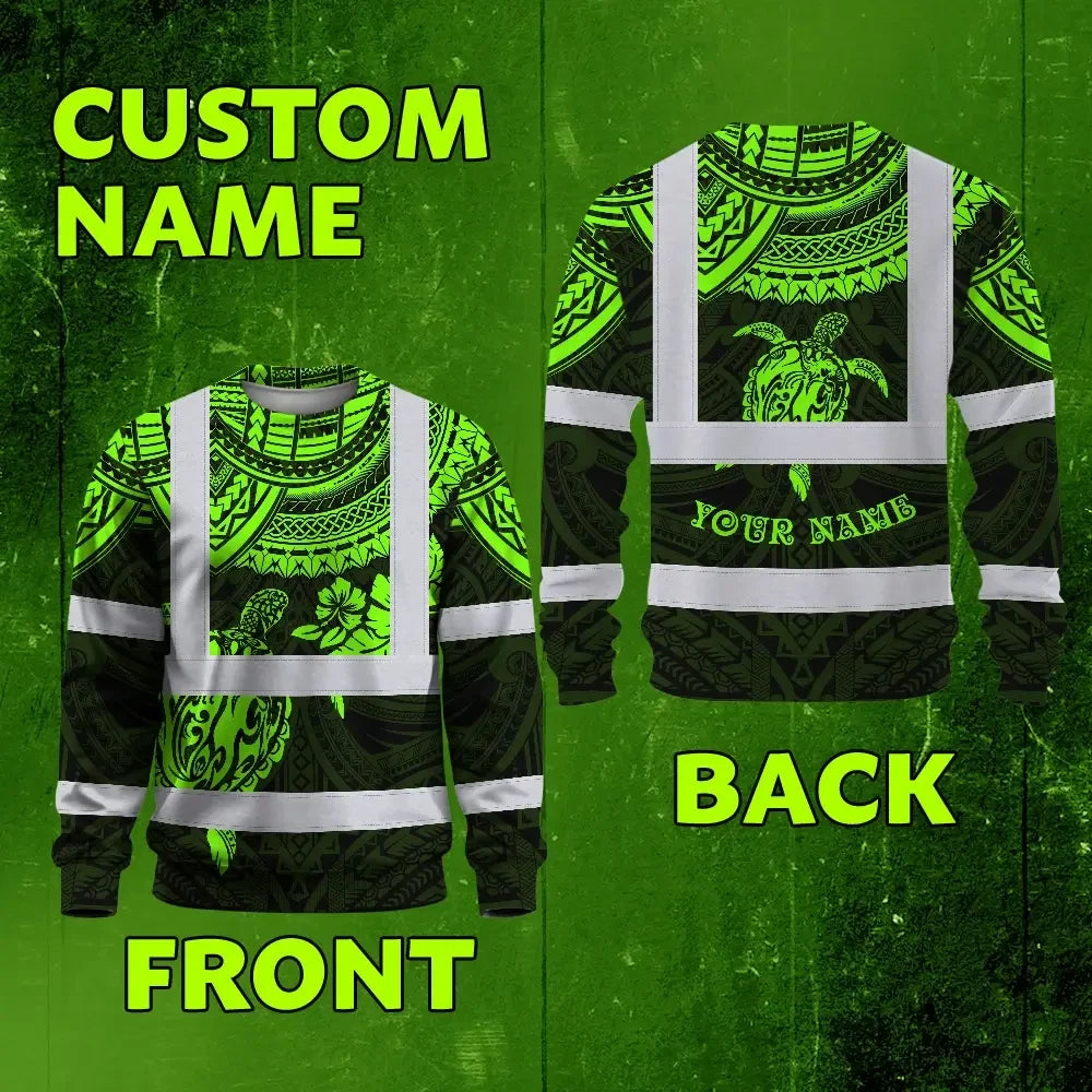 Hi Vis Long Sleeve Shirt Reflective Tapes Green Turtle Flower Hawaiian Polynesian Tribal