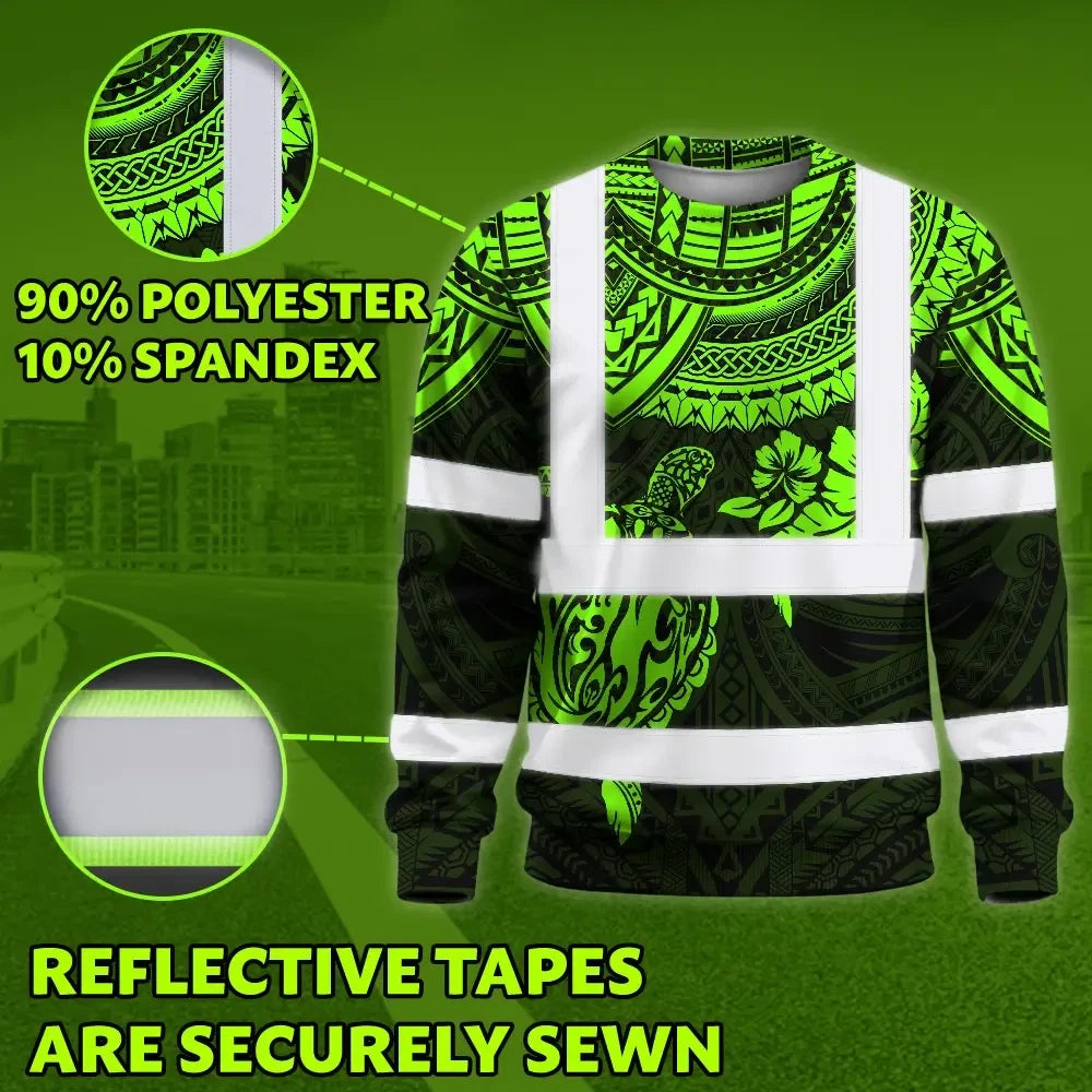 Hi Vis Long Sleeve Shirt Reflective Tapes Green Turtle Flower Hawaiian Polynesian Tribal