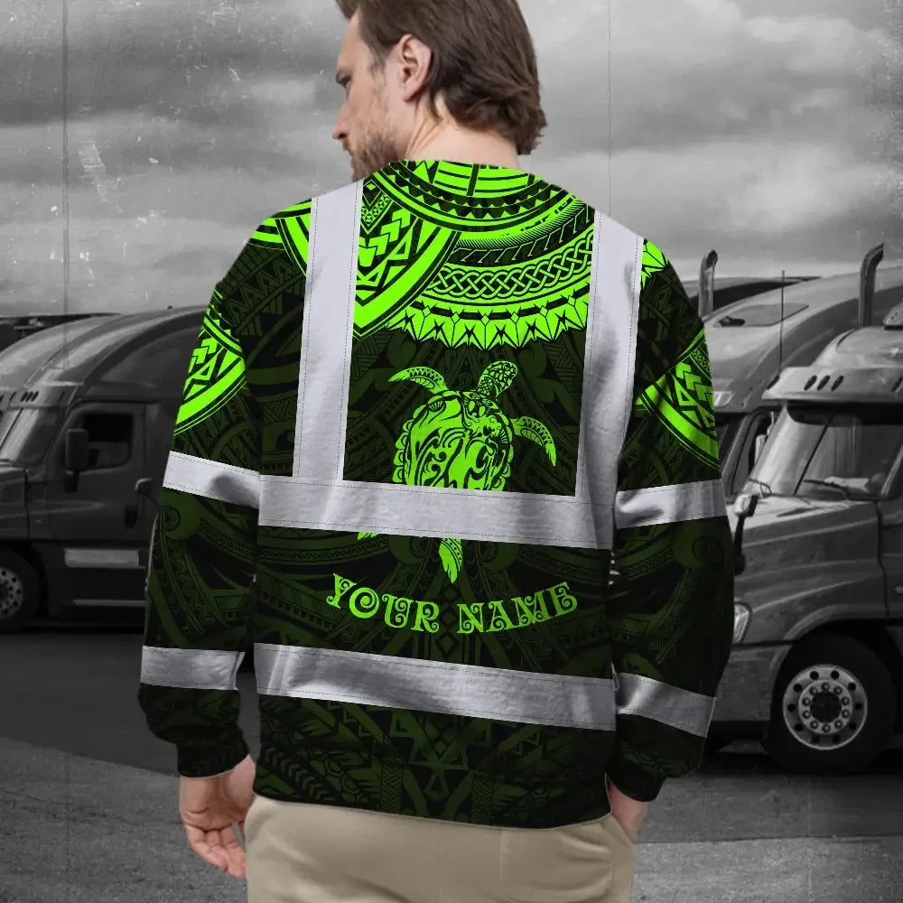 Hi Vis Long Sleeve Shirt Reflective Tapes Green Turtle Flower Hawaiian Polynesian Tribal