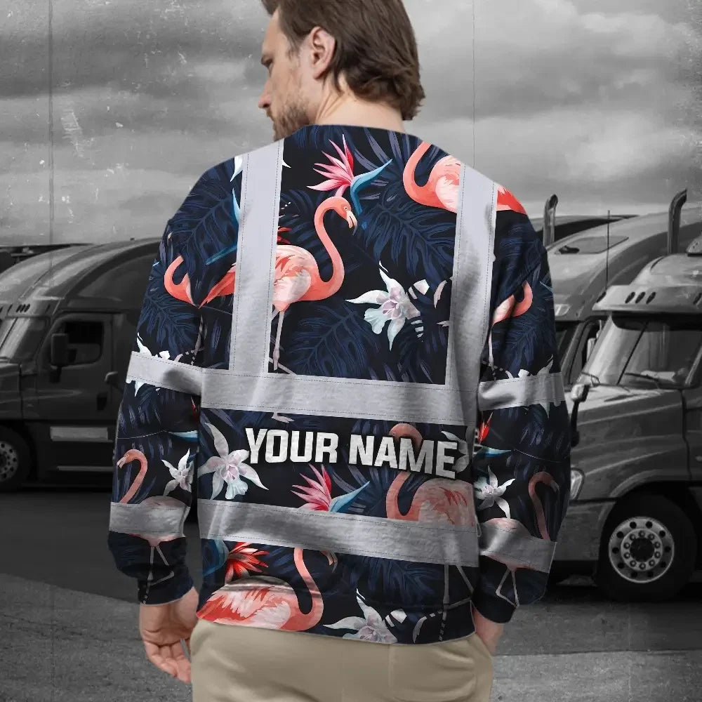 Hi Vis Long Sleeve Shirt Reflective Tapes Hawaii Flamingo 2 Custom Name Safety Workwear For Workers, Truckers, Operators