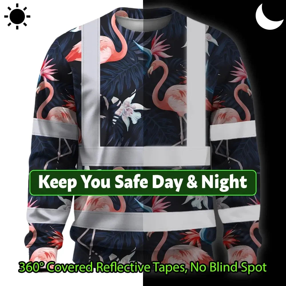 Hi Vis Long Sleeve Shirt Reflective Tapes Hawaii Flamingo 2 Custom Name Safety Workwear For Workers, Truckers, Operators