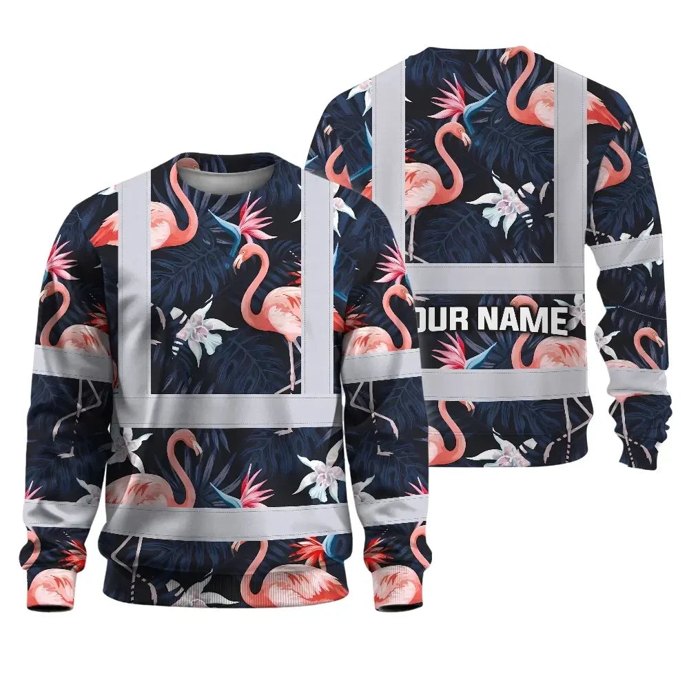 Hi Vis Long Sleeve Shirt Reflective Tapes Hawaii Flamingo 2 Custom Name Safety Workwear For Workers, Truckers, Operators