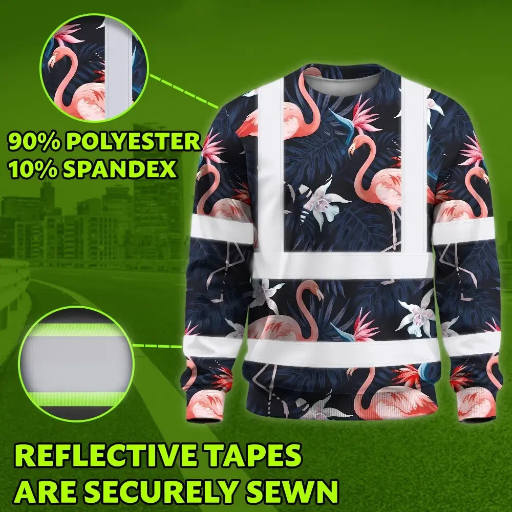 Hi Vis Long Sleeve Shirt Reflective Tapes Hawaii Flamingo 2 Custom Name Safety Workwear For Workers, Truckers, Operators