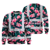 Hi Vis Long Sleeve Shirt Reflective Tapes Hawaii Flamingo Custom Name Safety Workwear For Workers, Truckers, Operators