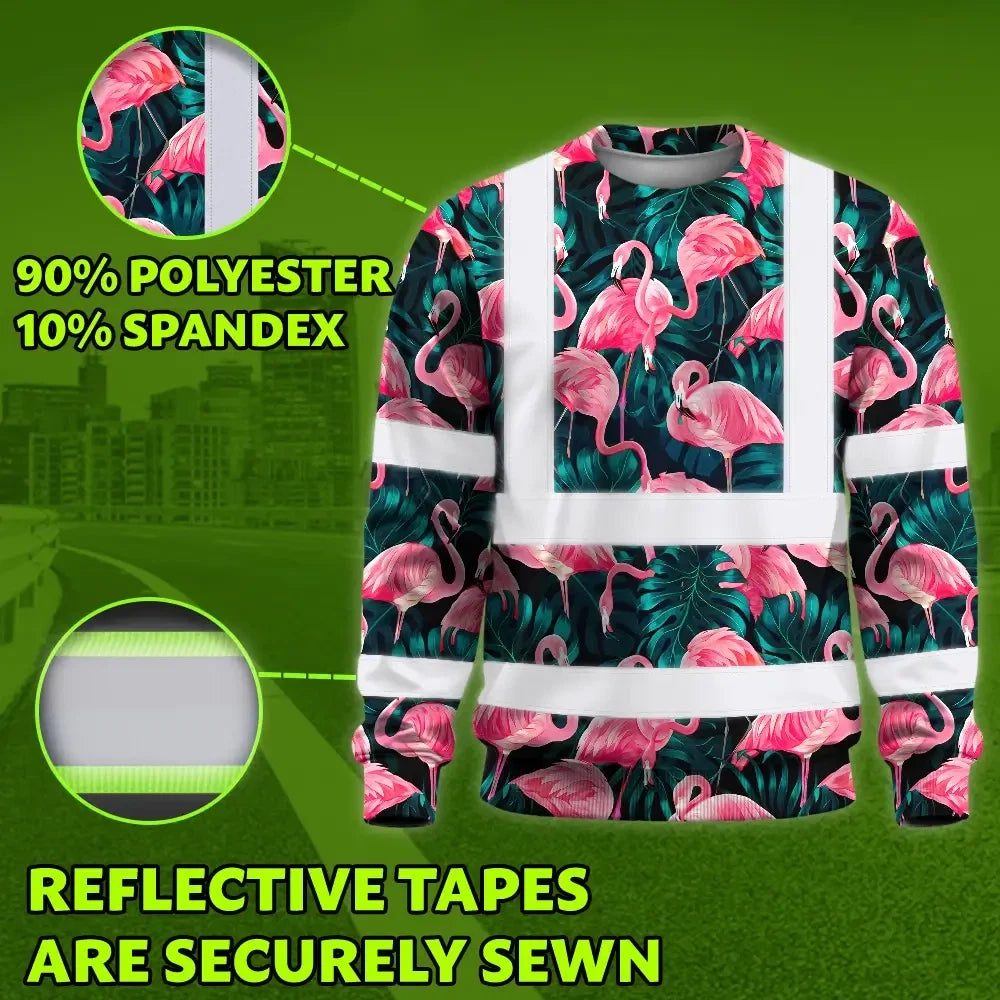 Hi Vis Long Sleeve Shirt Reflective Tapes Hawaii Flamingo Custom Name Safety Workwear For Workers, Truckers, Operators