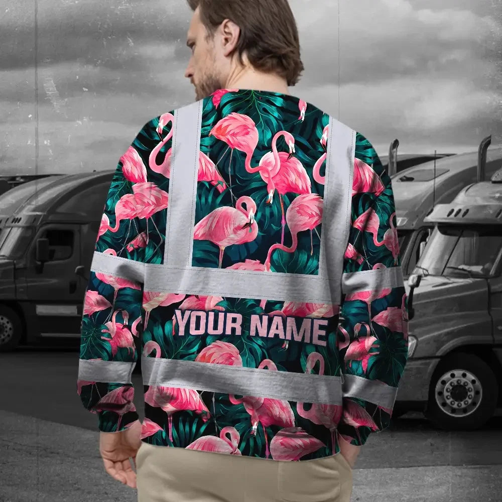 Hi Vis Long Sleeve Shirt Reflective Tapes Hawaii Flamingo Custom Name Safety Workwear For Workers, Truckers, Operators