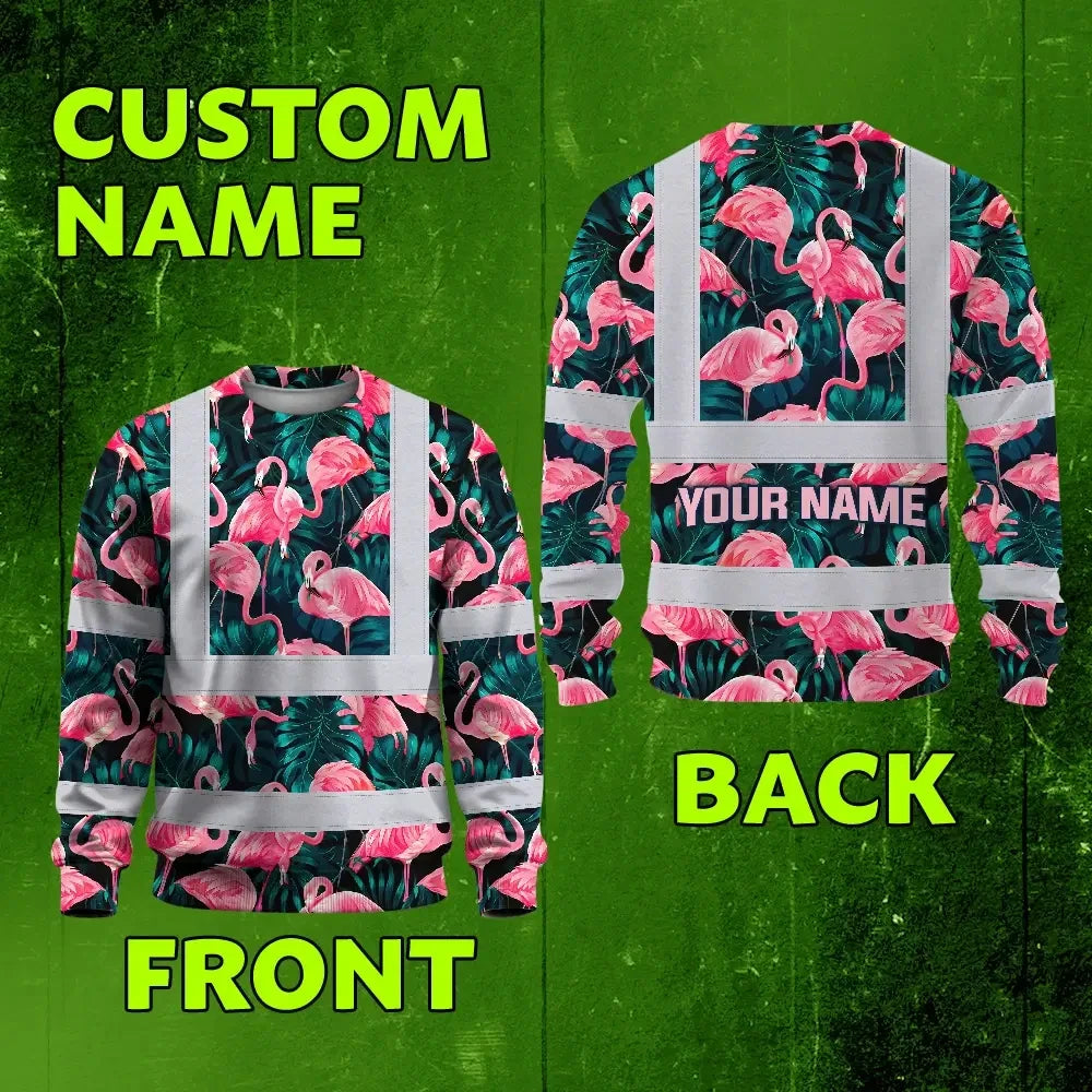 Hi Vis Long Sleeve Shirt Reflective Tapes Hawaii Flamingo Custom Name Safety Workwear For Workers, Truckers, Operators