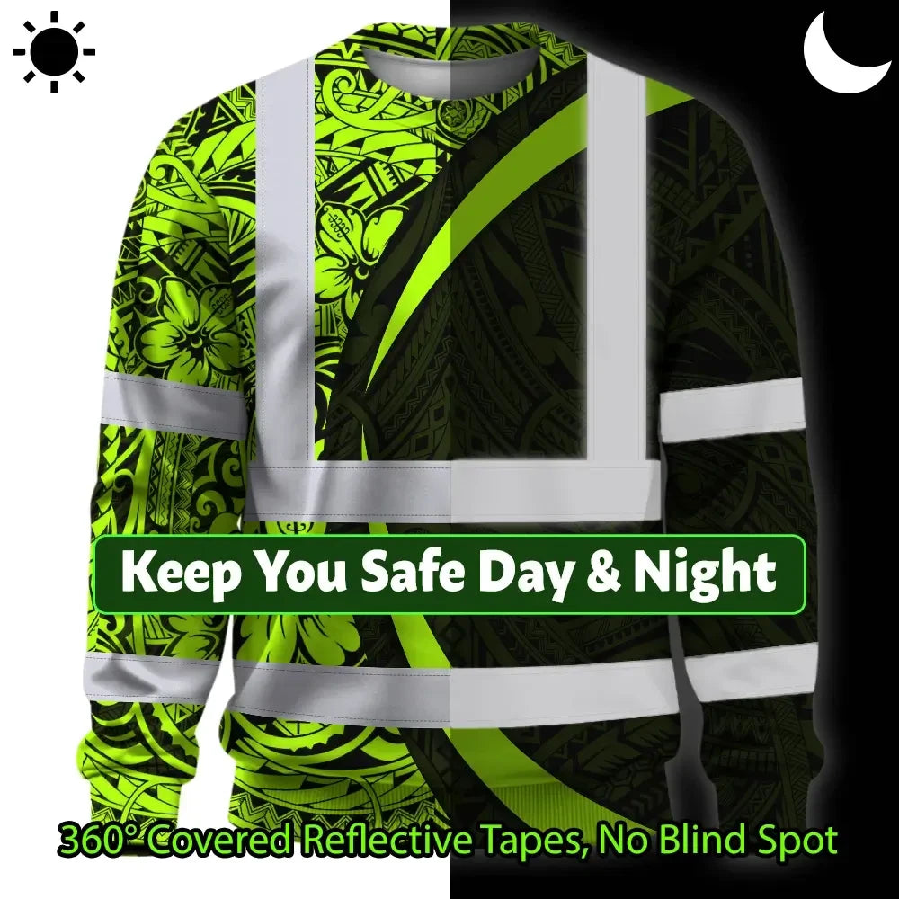 Hi Vis Long Sleeve Shirt Reflective Tapes Hawaiian Polynesian Tribal
