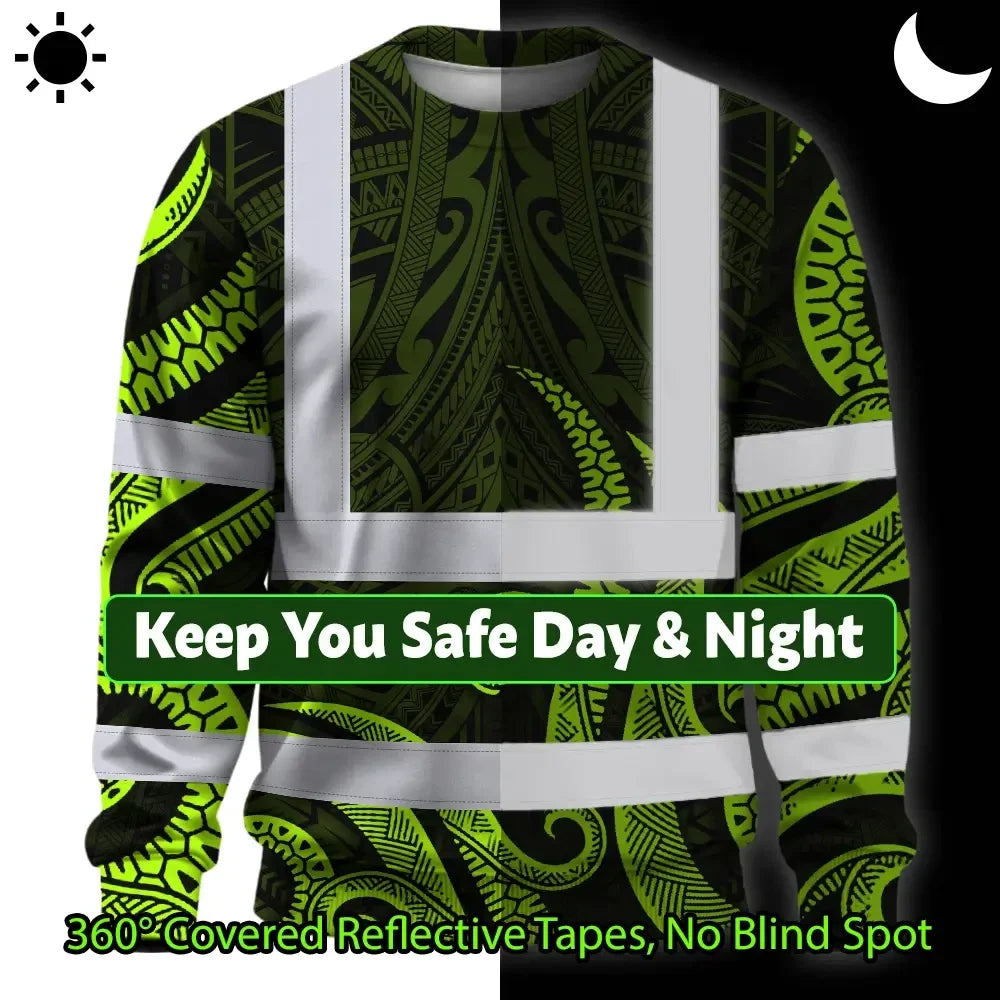 Hi Vis Long Sleeve Shirt Reflective Tapes Hawaiian Polynesian Tribal Custom Name