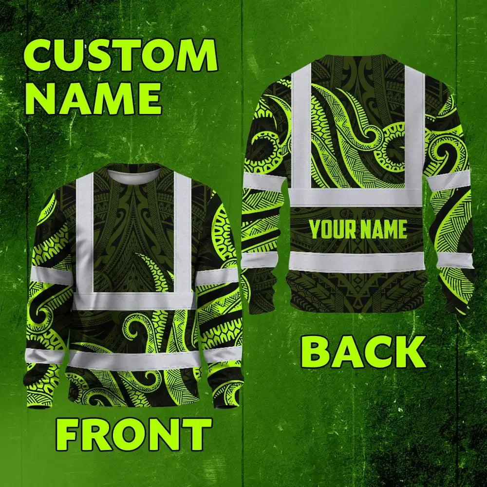 Hi Vis Long Sleeve Shirt Reflective Tapes Hawaiian Polynesian Tribal Custom Name