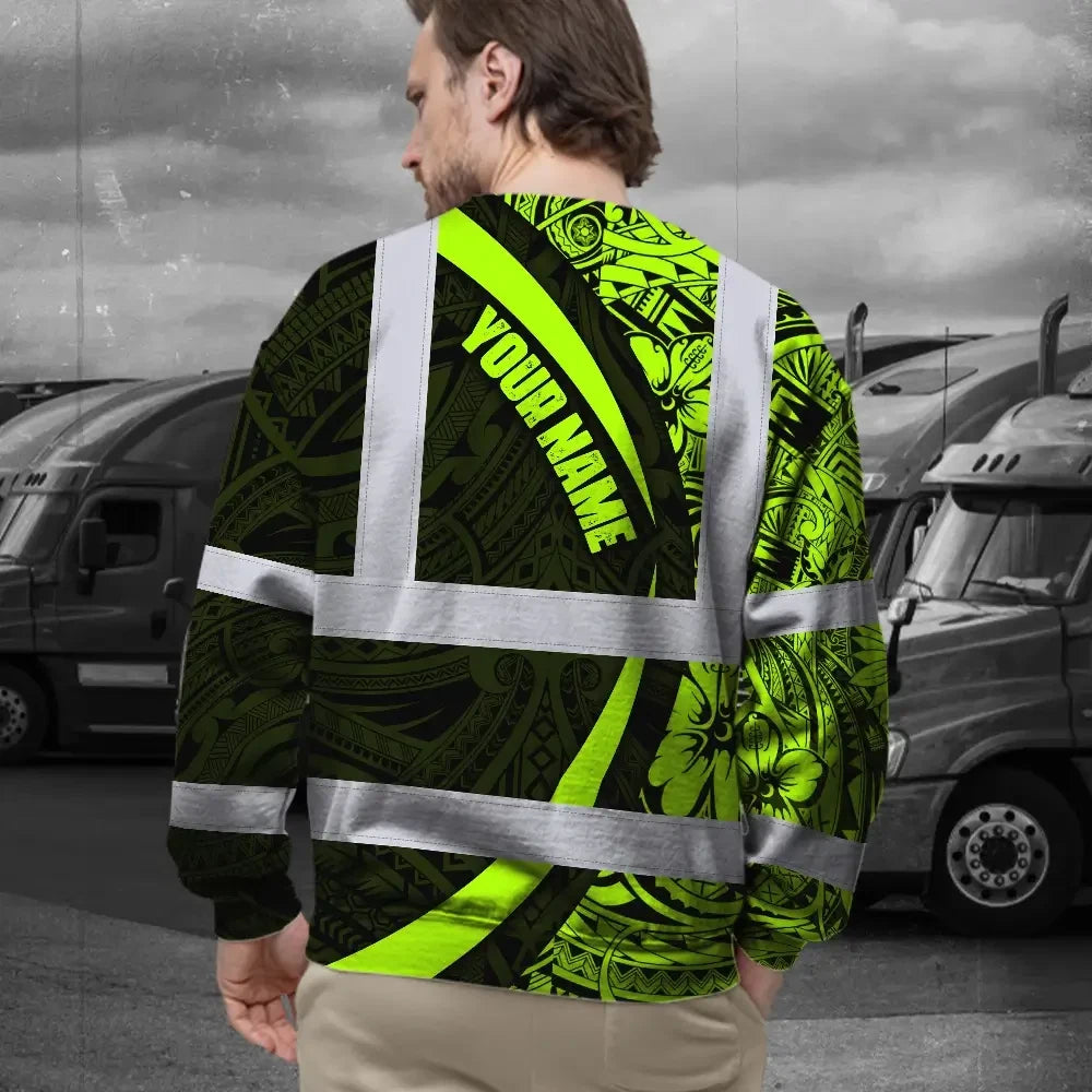 Hi Vis Long Sleeve Shirt Reflective Tapes Hawaiian Polynesian Tribal