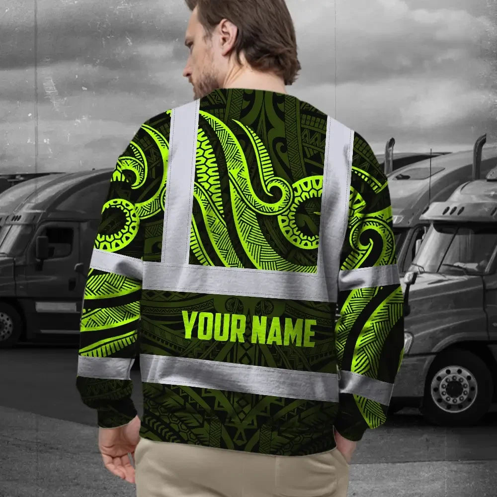 Hi Vis Long Sleeve Shirt Reflective Tapes Hawaiian Polynesian Tribal Custom Name