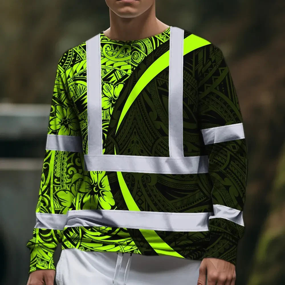 Hi Vis Long Sleeve Shirt Reflective Tapes Hawaiian Polynesian Tribal