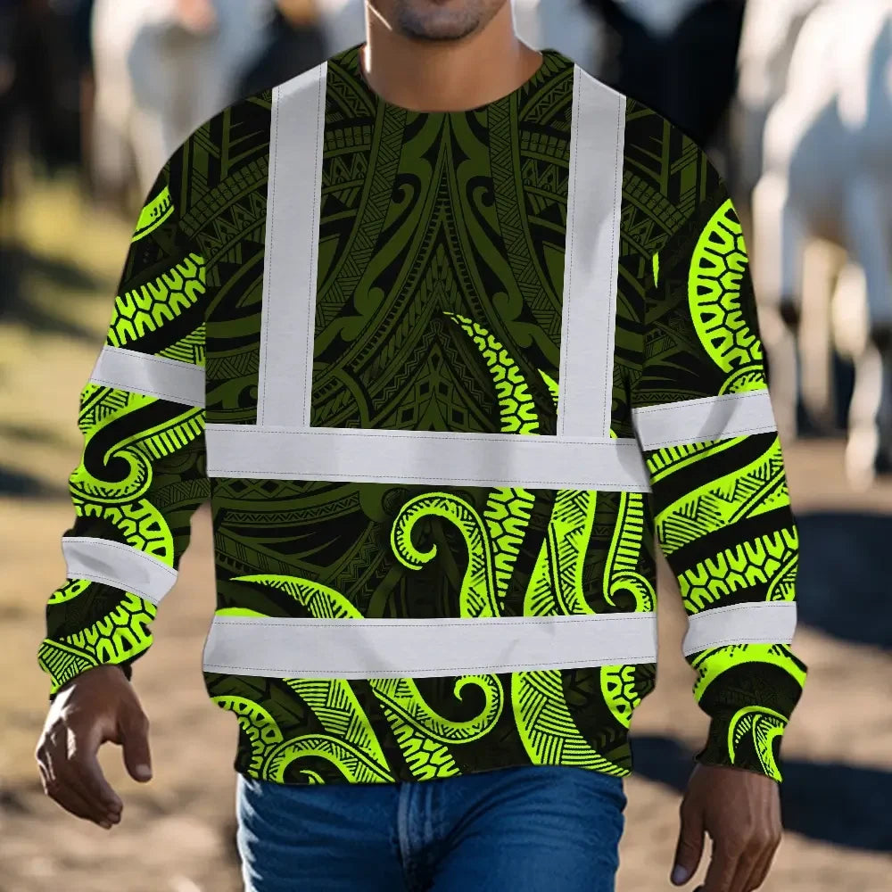 Hi Vis Long Sleeve Shirt Reflective Tapes Hawaiian Polynesian Tribal Custom Name