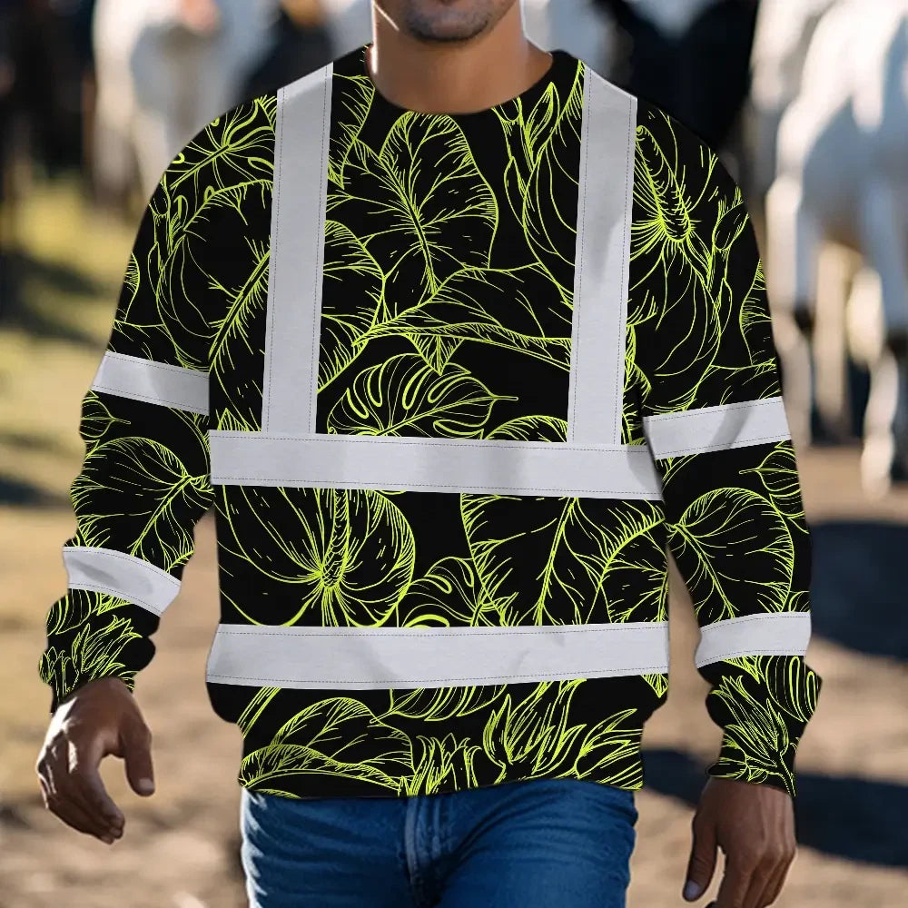 Hi Vis Long Sleeve Shirt Reflective Tapes Lime Neon Flowers Custom Name Safety Workwear For Workers, Truckers, Operators
