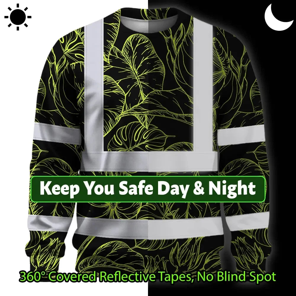 Hi Vis Long Sleeve Shirt Reflective Tapes Lime Neon Flowers Custom Name Safety Workwear For Workers, Truckers, Operators