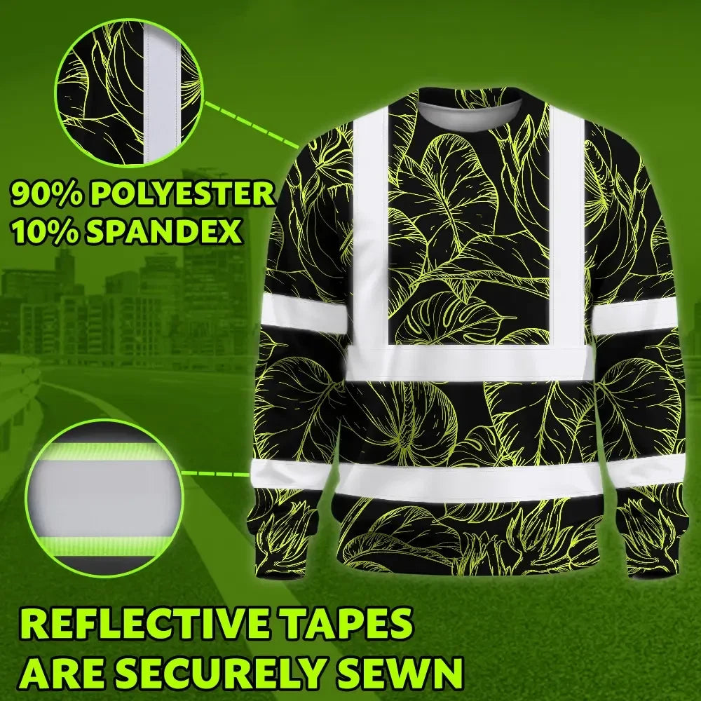 Hi Vis Long Sleeve Shirt Reflective Tapes Lime Neon Flowers Custom Name Safety Workwear For Workers, Truckers, Operators