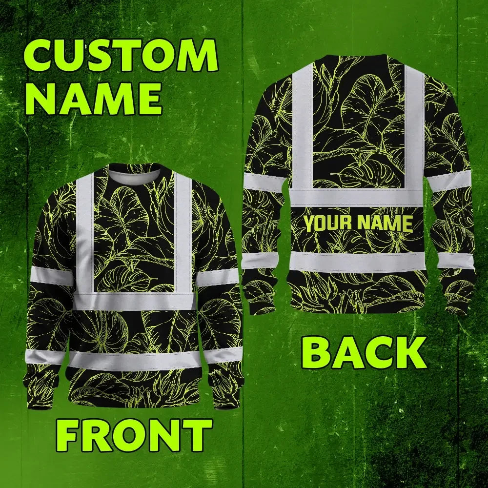 Hi Vis Long Sleeve Shirt Reflective Tapes Lime Neon Flowers Custom Name Safety Workwear For Workers, Truckers, Operators