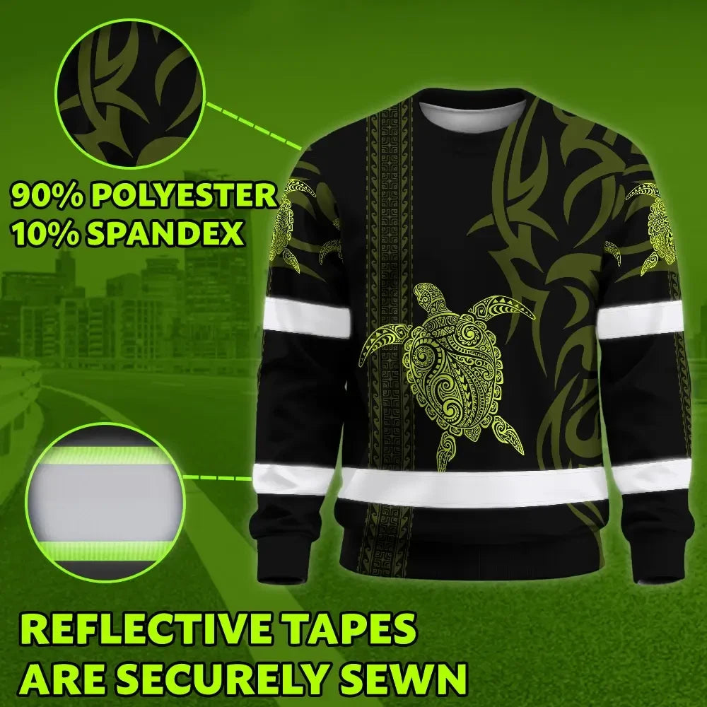 Hi Vis Long Sleeve Shirt Reflective Tapes Lime Neon Hawaiian Polynesian Tribal Custom Name