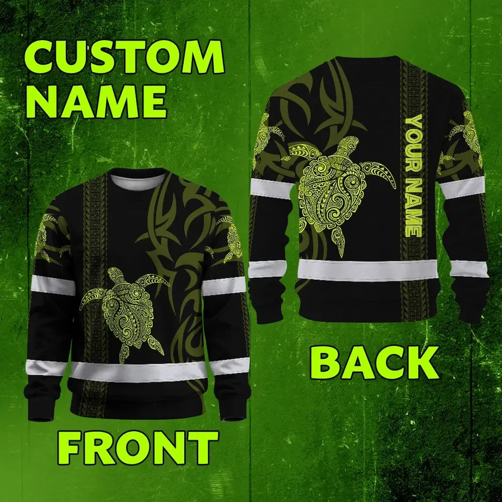 Hi Vis Long Sleeve Shirt Reflective Tapes Lime Neon Hawaiian Polynesian Tribal Custom Name