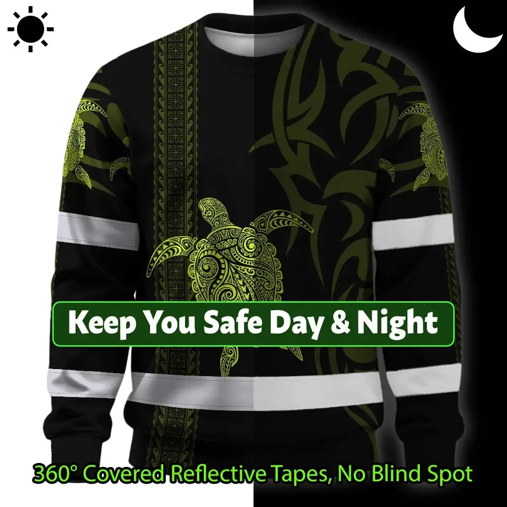 Hi Vis Long Sleeve Shirt Reflective Tapes Lime Neon Hawaiian Polynesian Tribal Custom Name