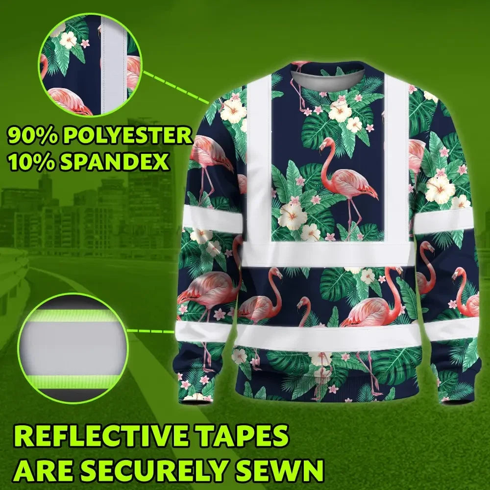 Hi Vis Long Sleeve Shirt Reflective Tapes Neon Pink Flowers 2 Custom Name