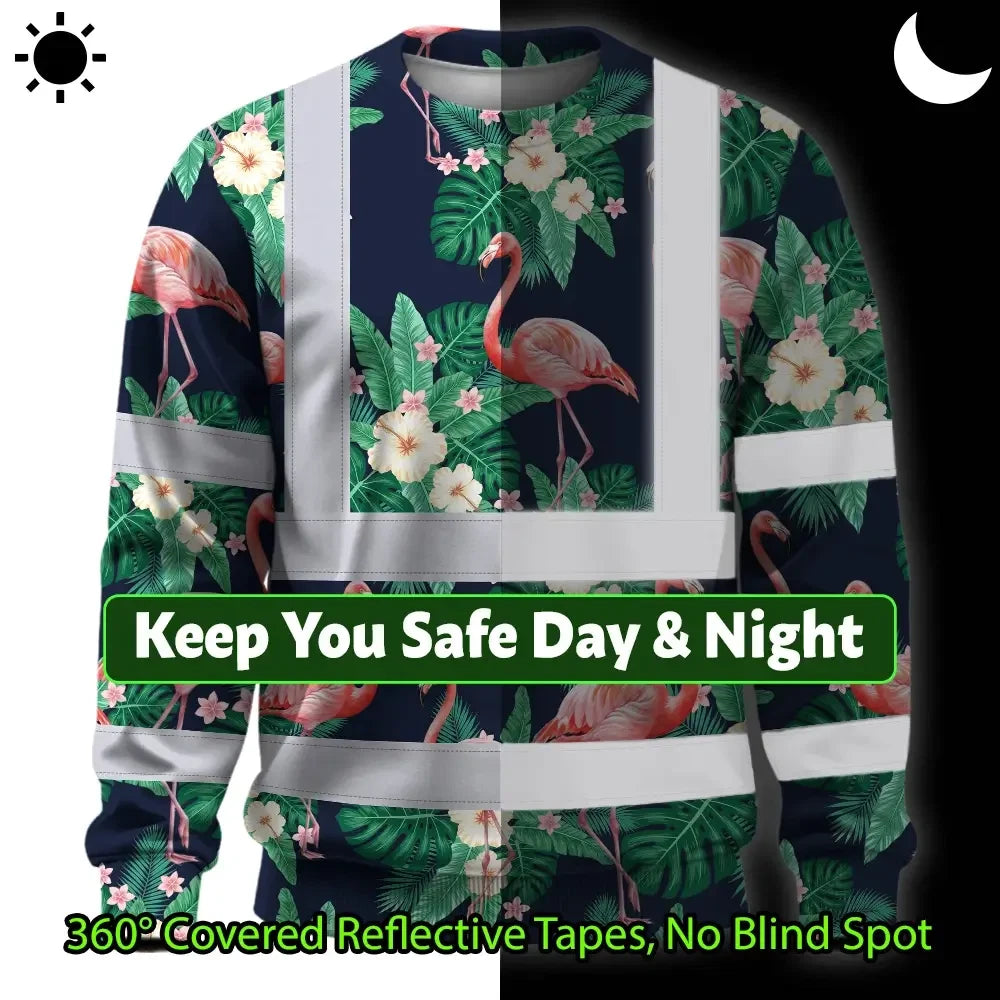 Hi Vis Long Sleeve Shirt Reflective Tapes Neon Pink Flowers 2 Custom Name