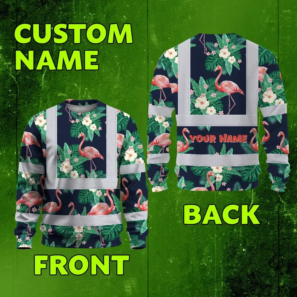 Hi Vis Long Sleeve Shirt Reflective Tapes Neon Pink Flowers 2 Custom Name