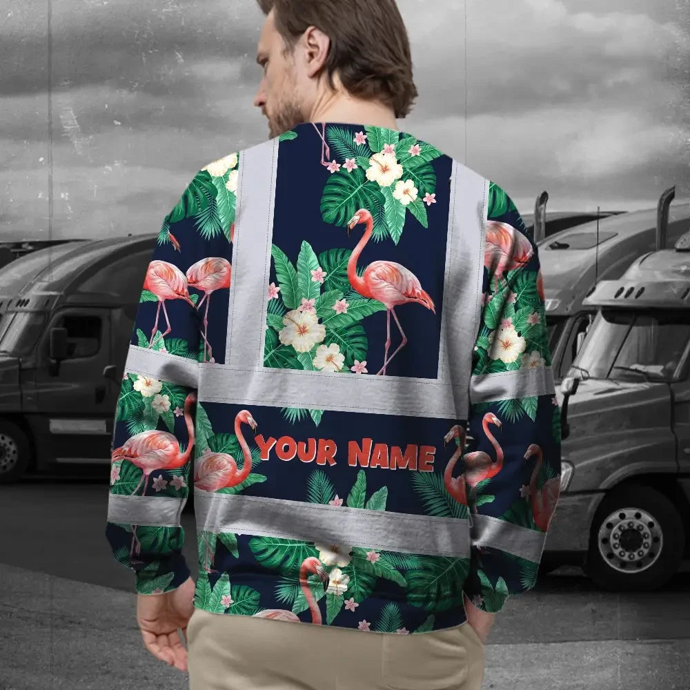 Hi Vis Long Sleeve Shirt Reflective Tapes Neon Pink Flowers 2 Custom Name