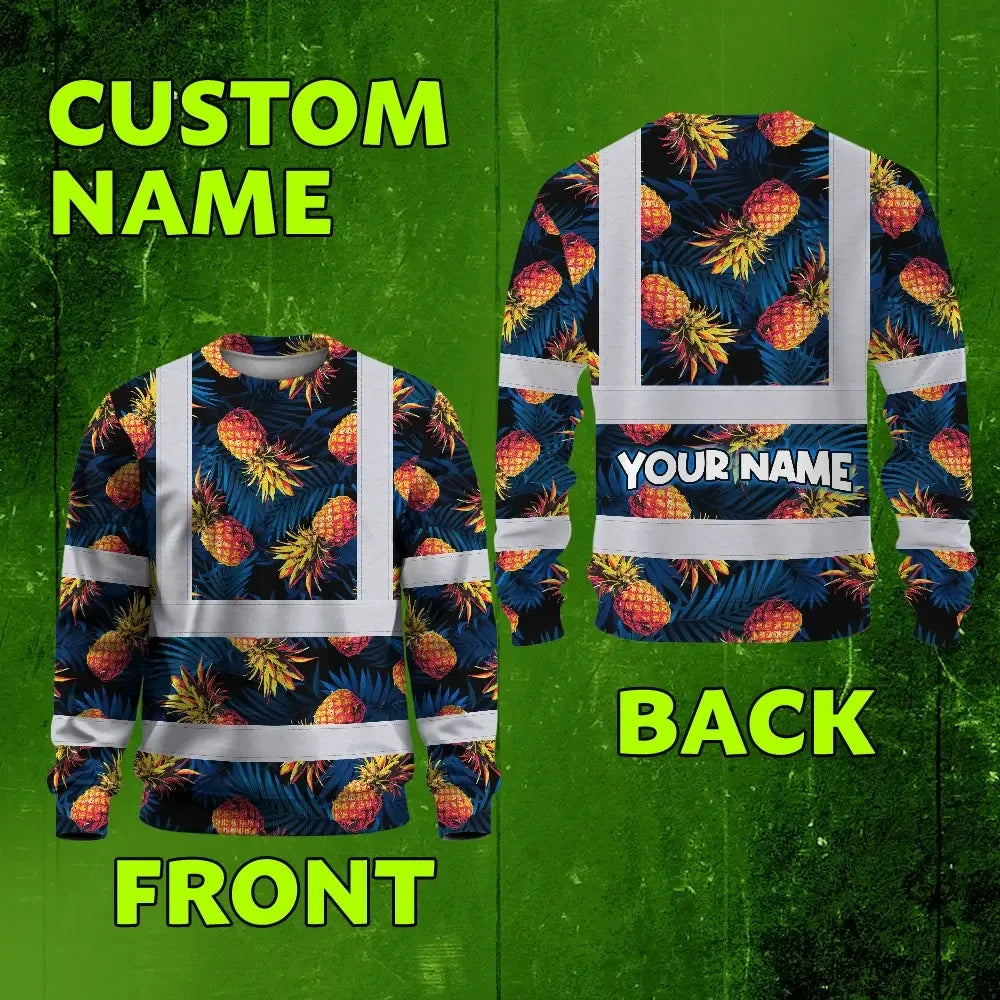 Hi Vis Long Sleeve Shirt Reflective Tapes Orange Neon And Dark Blue Custom Name Safety Workwear For Workers, Truckers, Operators