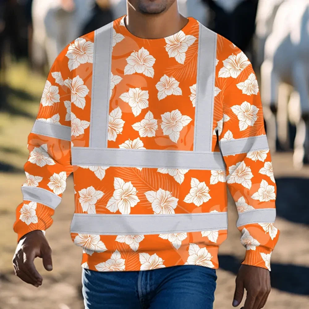 Hi Vis Long Sleeve Shirt Reflective Tapes Orange Neon Flowers 2 Custom Name