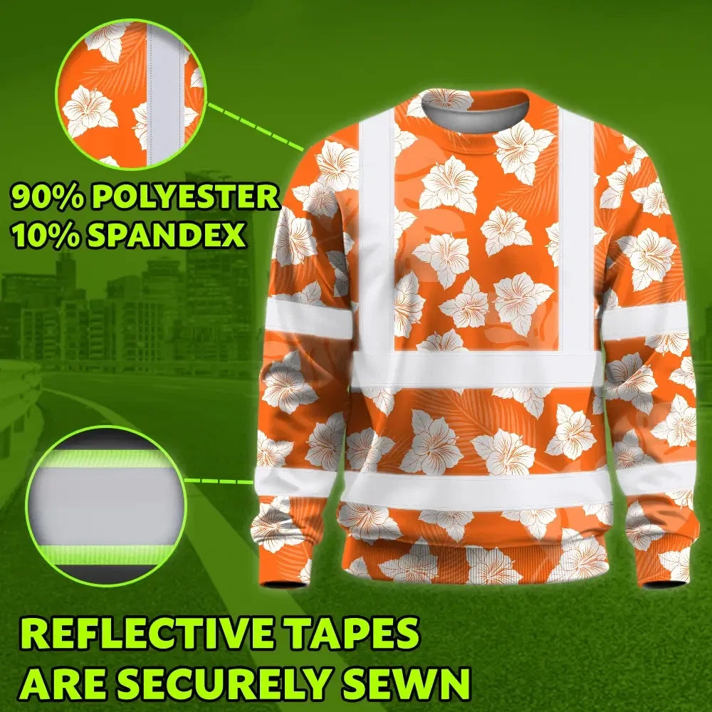 Hi Vis Long Sleeve Shirt Reflective Tapes Orange Neon Flowers 2 Custom Name
