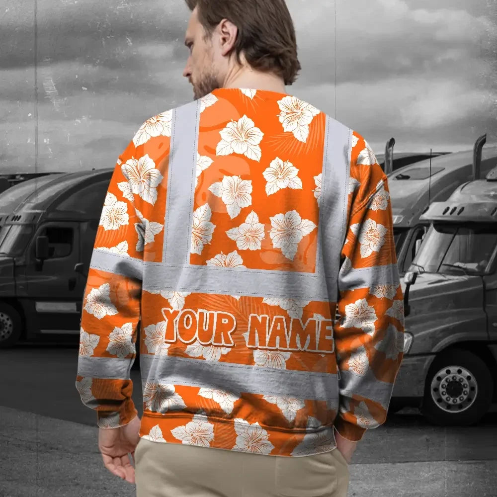Hi Vis Long Sleeve Shirt Reflective Tapes Orange Neon Flowers 2 Custom Name