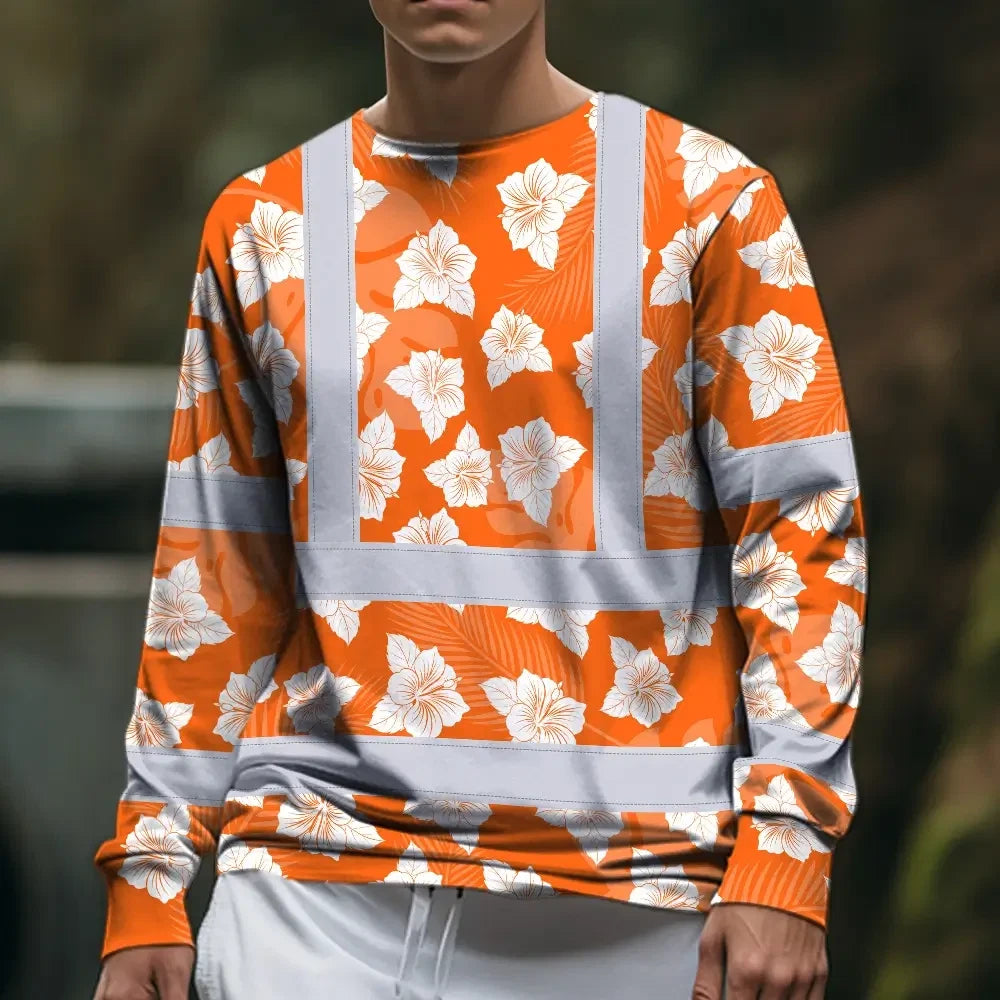 Hi Vis Long Sleeve Shirt Reflective Tapes Orange Neon Flowers 2 Custom Name