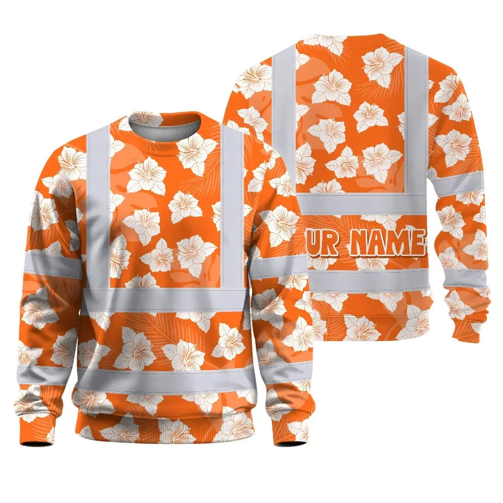 Hi Vis Long Sleeve Shirt Reflective Tapes Orange Neon Flowers 2 Custom Name