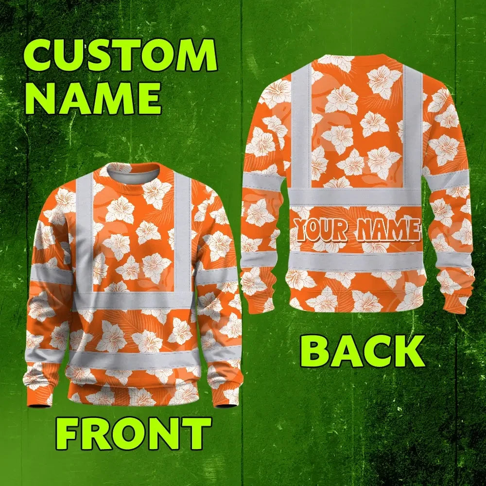 Hi Vis Long Sleeve Shirt Reflective Tapes Orange Neon Flowers 2 Custom Name