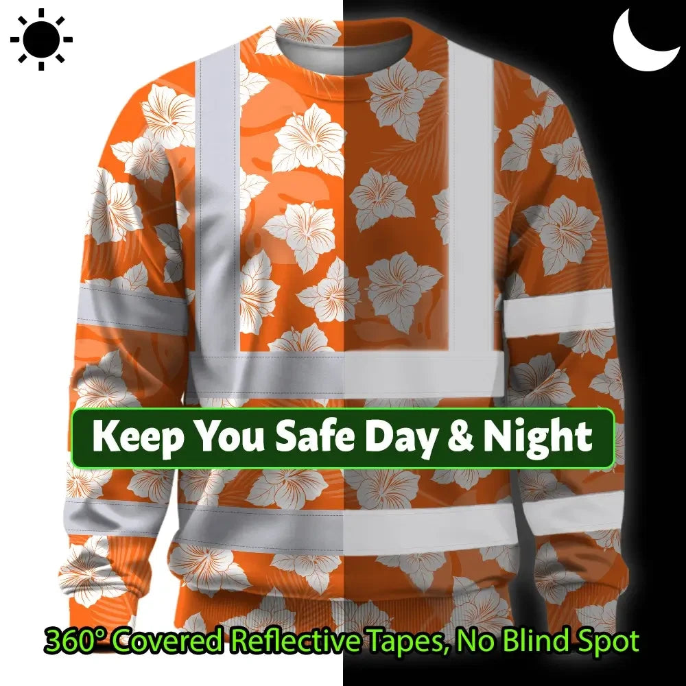 Hi Vis Long Sleeve Shirt Reflective Tapes Orange Neon Flowers 2 Custom Name