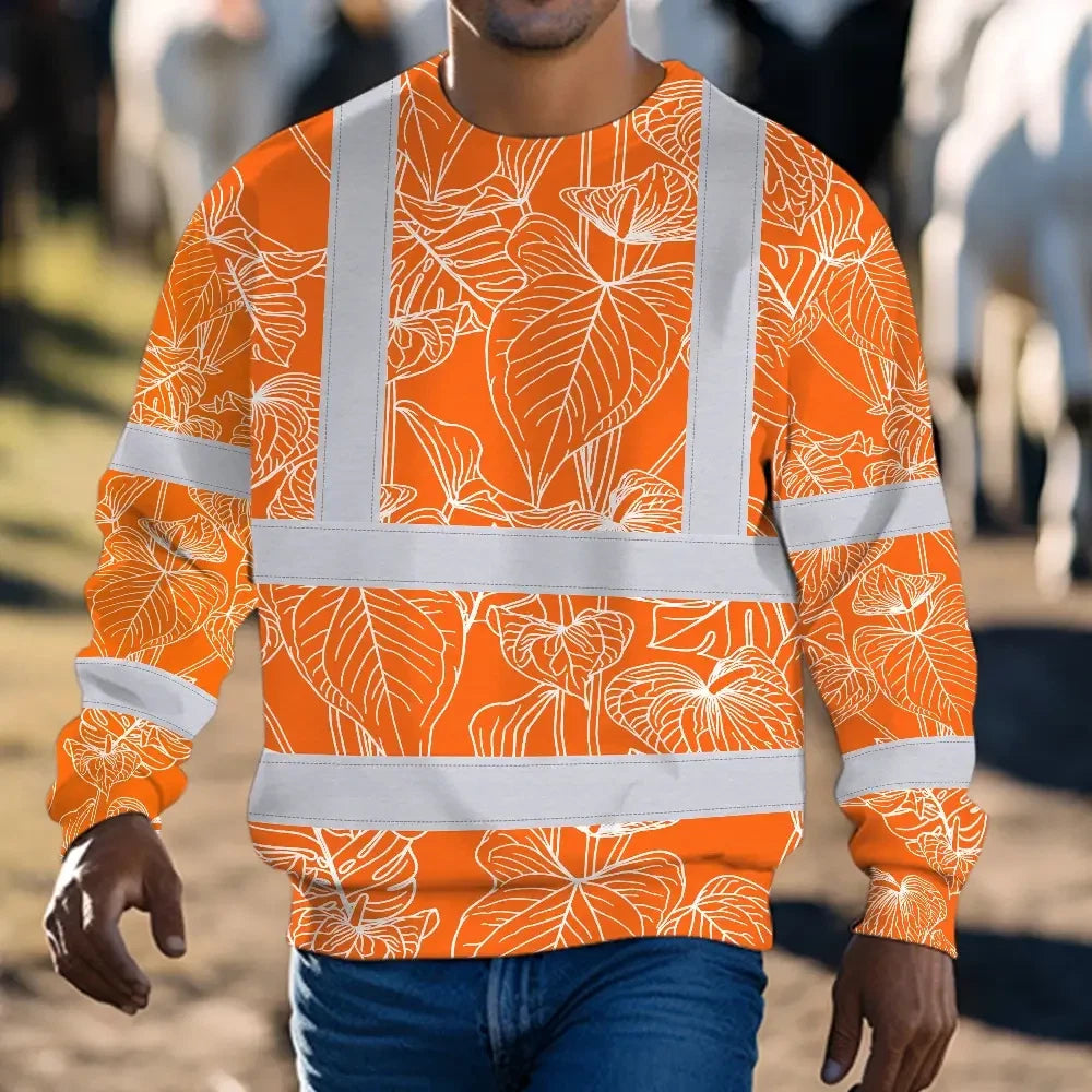 Hi Vis Long Sleeve Shirt Reflective Tapes Orange Neon Flowers Custom Name Safety Workwear For Workers, Truckers, Operators