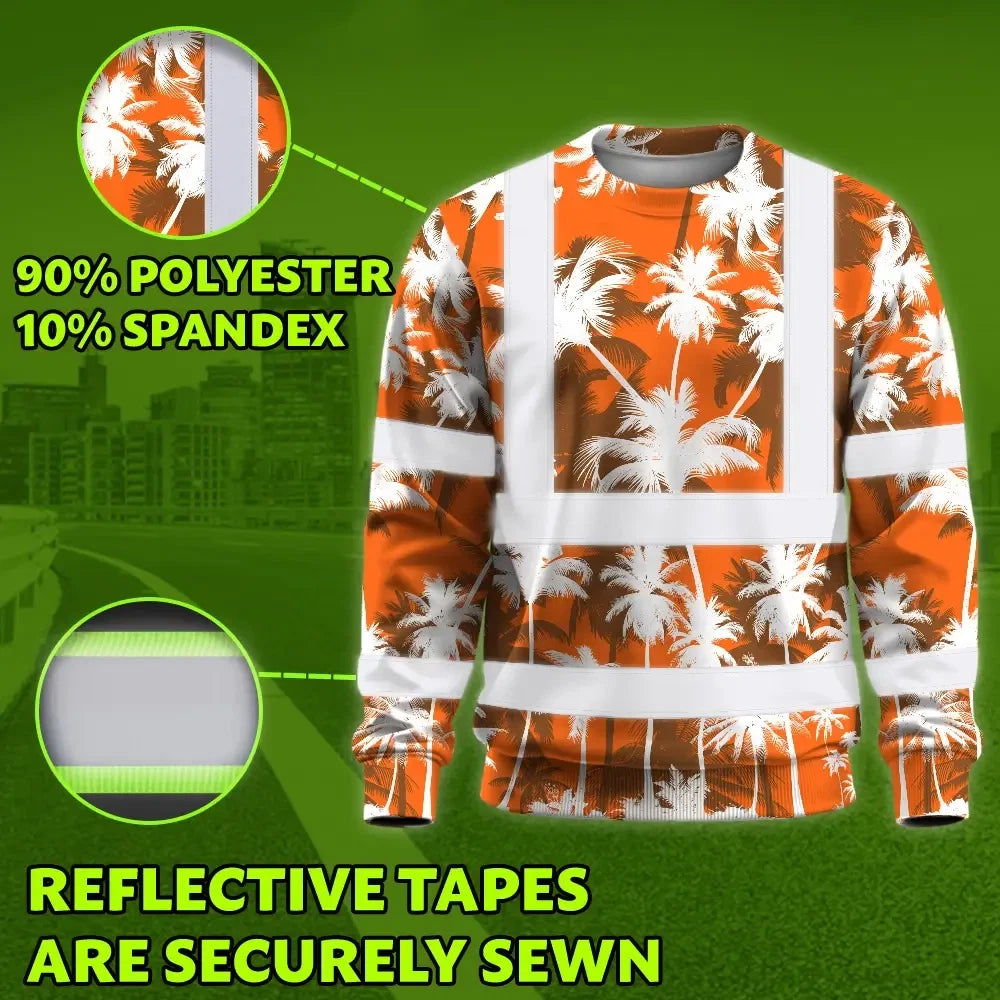 Hi Vis Long Sleeve Shirt Reflective Tapes Orange Neon Flowers Custom Name Safety Workwear For Workers, Truckers, Operators
