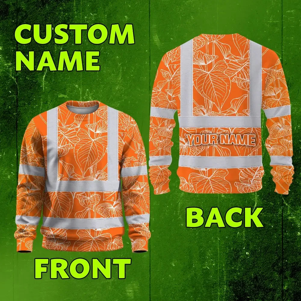Hi Vis Long Sleeve Shirt Reflective Tapes Orange Neon Flowers Custom Name Safety Workwear For Workers, Truckers, Operators