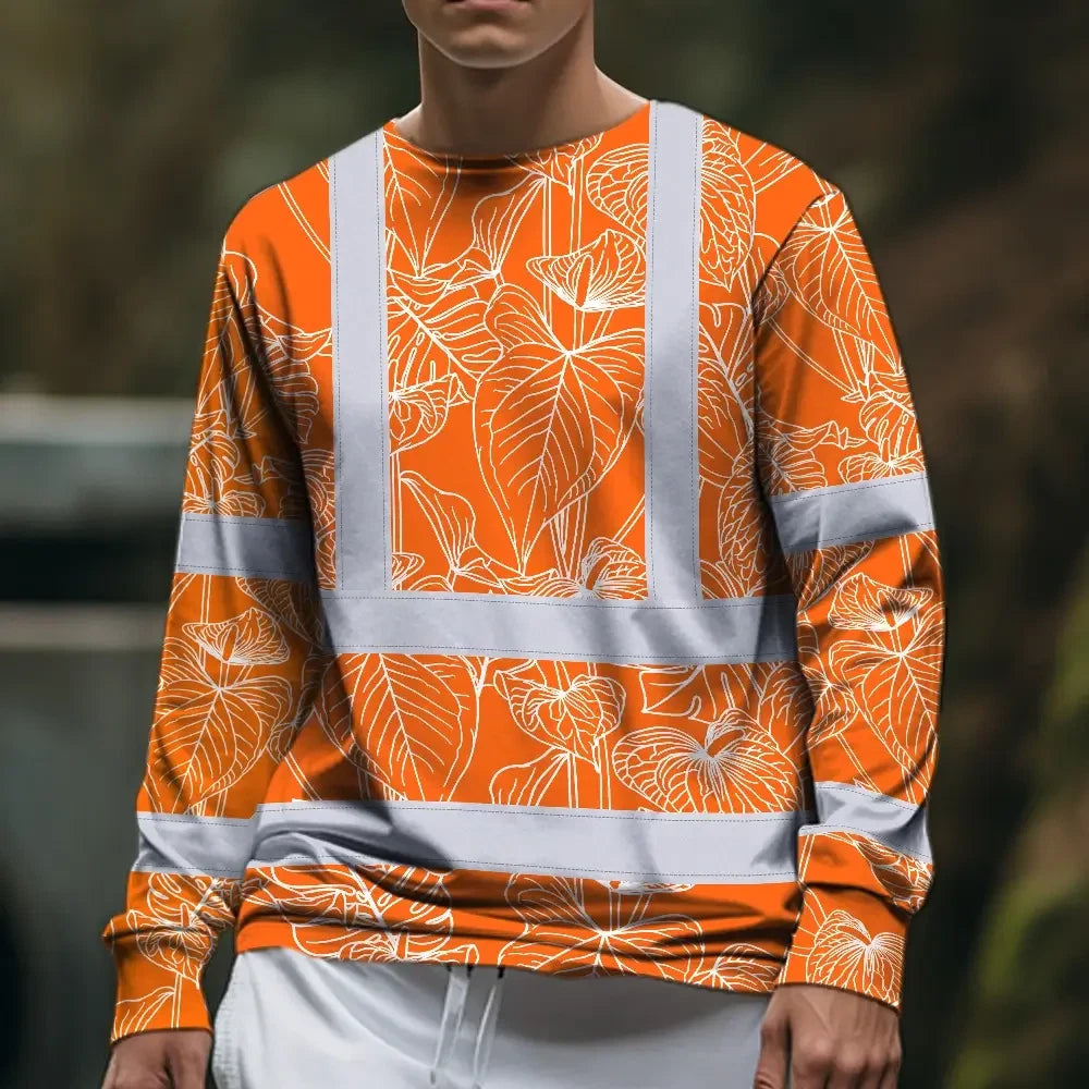 Hi Vis Long Sleeve Shirt Reflective Tapes Orange Neon Flowers Custom Name Safety Workwear For Workers, Truckers, Operators
