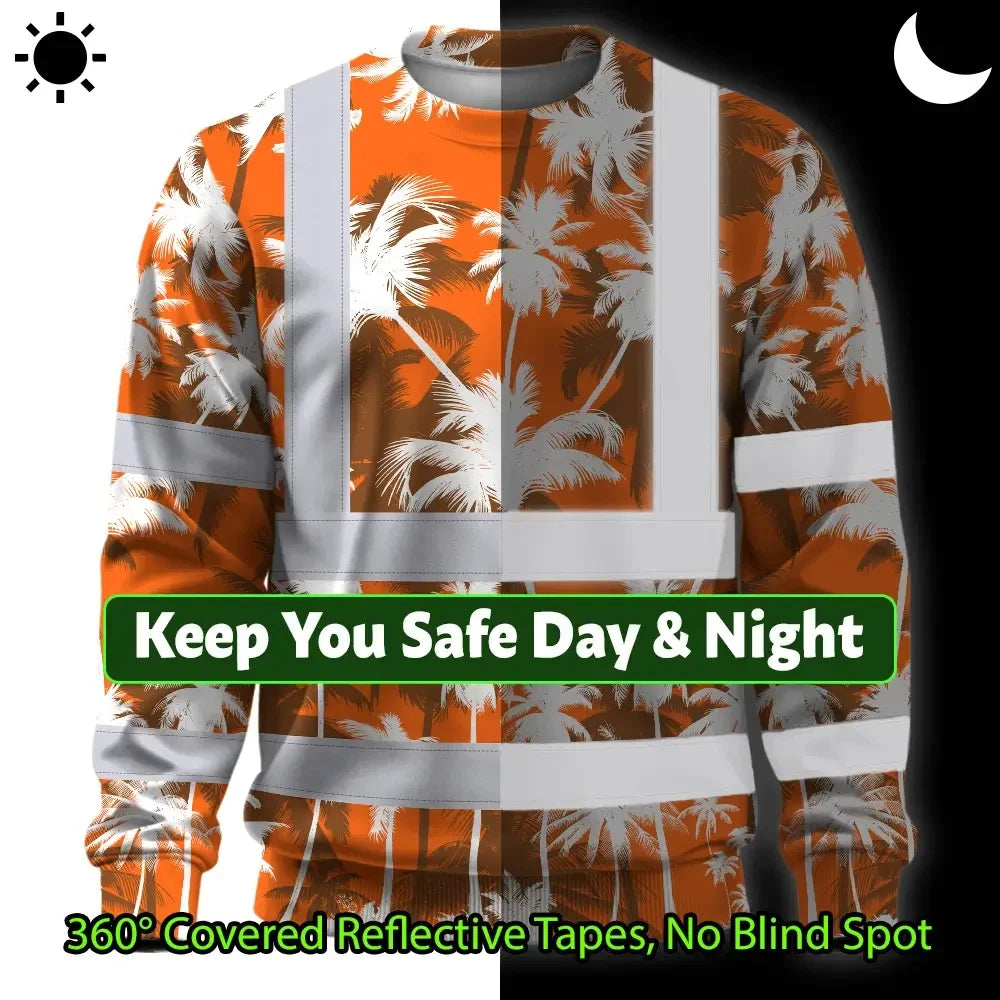Hi Vis Long Sleeve Shirt Reflective Tapes Orange Neon Flowers Custom Name Safety Workwear For Workers, Truckers, Operators