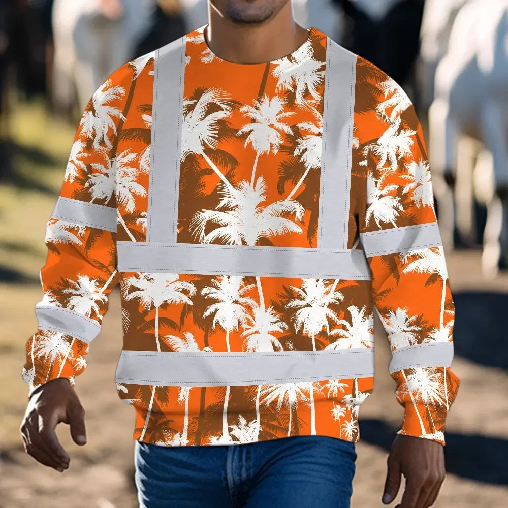 Hi Vis Long Sleeve Shirt Reflective Tapes Orange Neon Flowers Custom Name Safety Workwear For Workers, Truckers, Operators