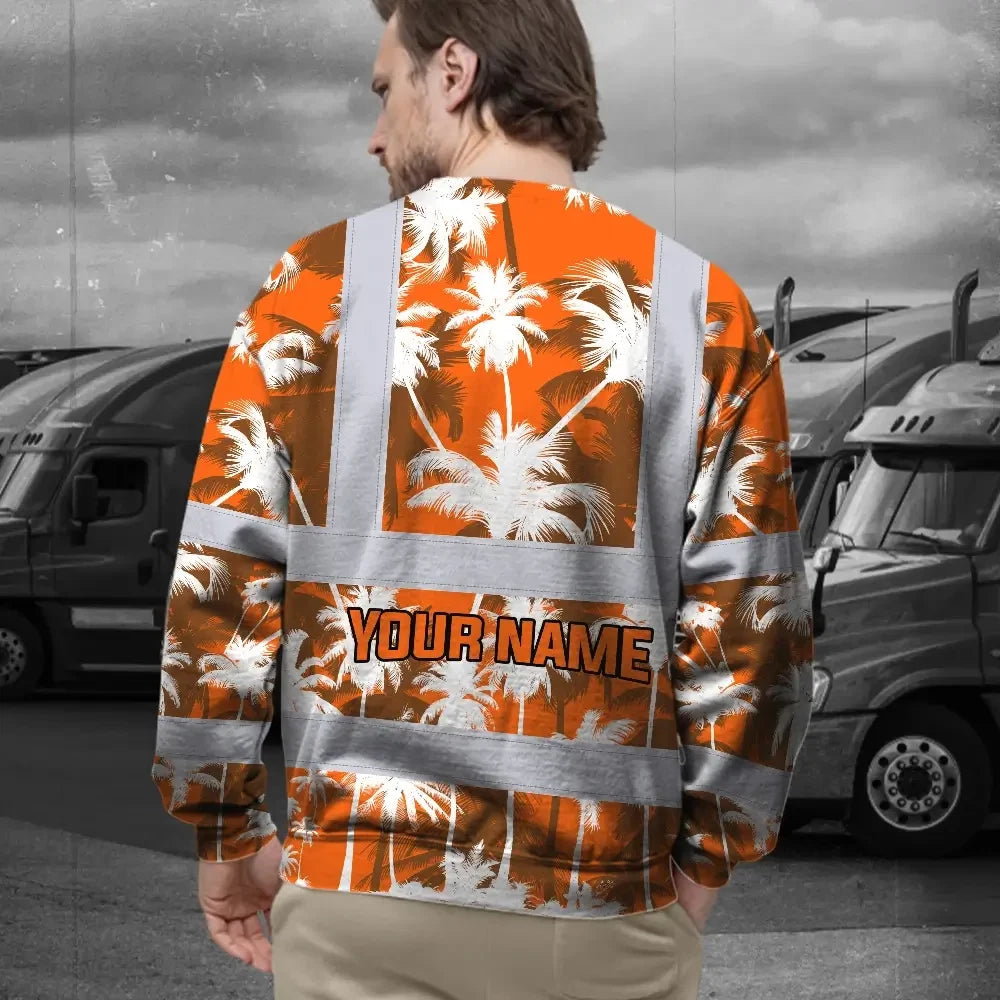 Hi Vis Long Sleeve Shirt Reflective Tapes Orange Neon Flowers Custom Name Safety Workwear For Workers, Truckers, Operators