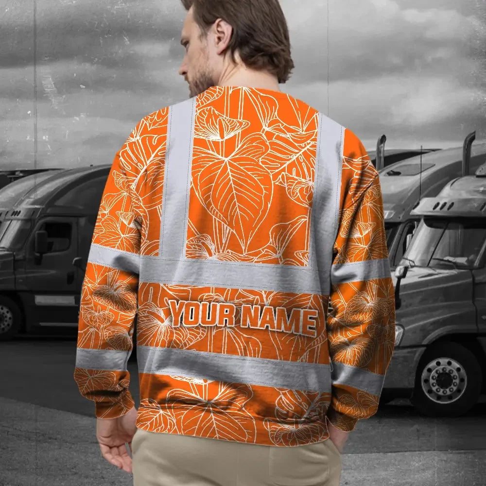 Hi Vis Long Sleeve Shirt Reflective Tapes Orange Neon Flowers Custom Name Safety Workwear For Workers, Truckers, Operators