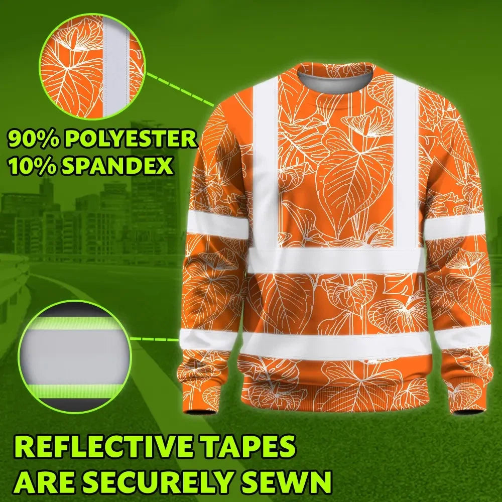 Hi Vis Long Sleeve Shirt Reflective Tapes Orange Neon Flowers Custom Name Safety Workwear For Workers, Truckers, Operators