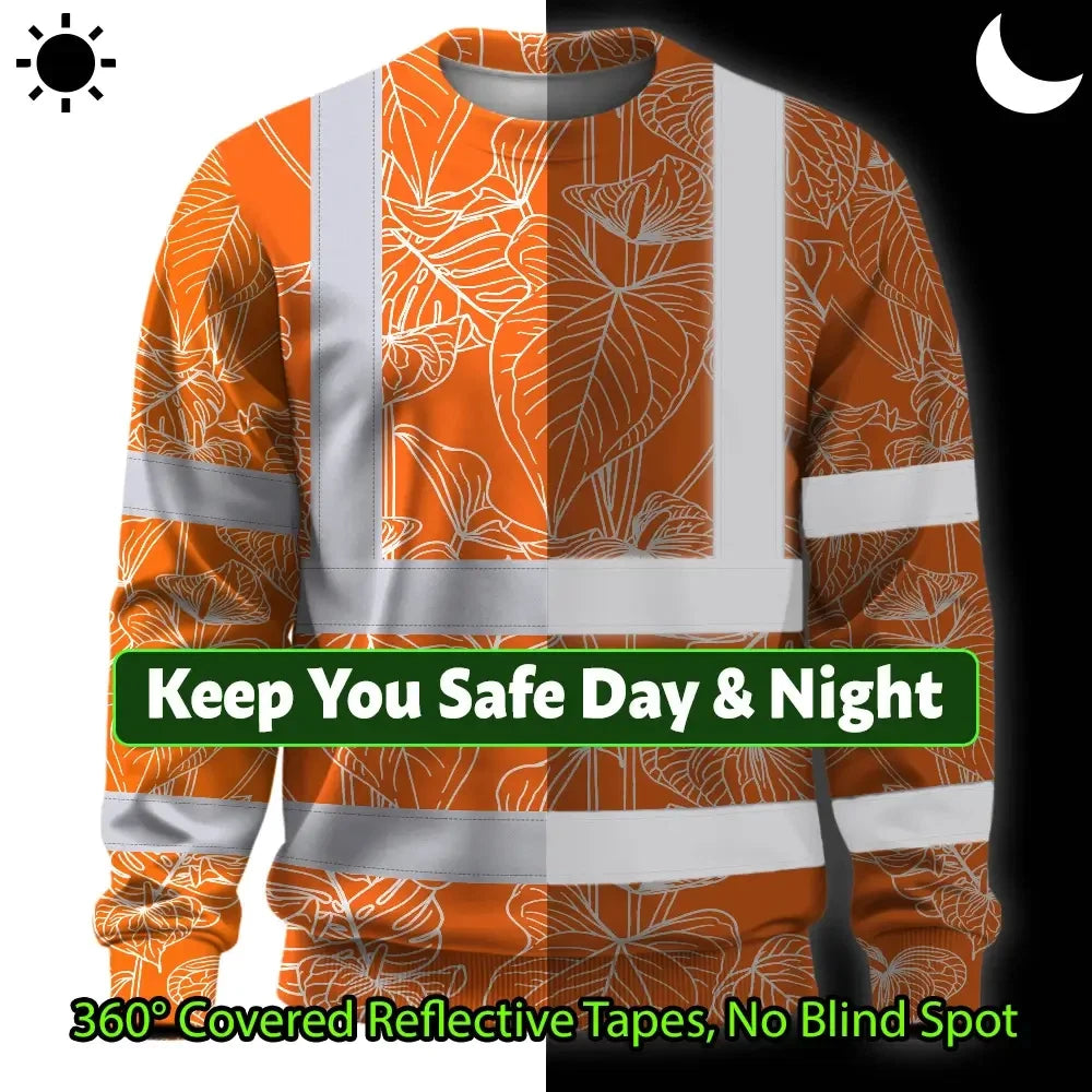 Hi Vis Long Sleeve Shirt Reflective Tapes Orange Neon Flowers Custom Name Safety Workwear For Workers, Truckers, Operators